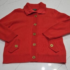 Lauren Ralph Lauren Orange Sweater with Gold Buttons SzL Gentle Used Excellent C